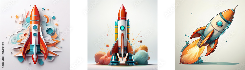 Poster three vibrant rockets, depicted in various artistic styles, symbolize launch, innovation, and creati