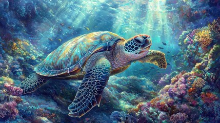 Serene sea turtle swimming in vibrant coral reef, sunbeams.