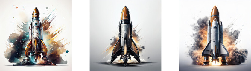 Fototapeta premium Three rockets launching, showcasing different stages: liftoff, ascent, and fiery propulsion. Watercolor-style effects emphasize dynamic movement.
