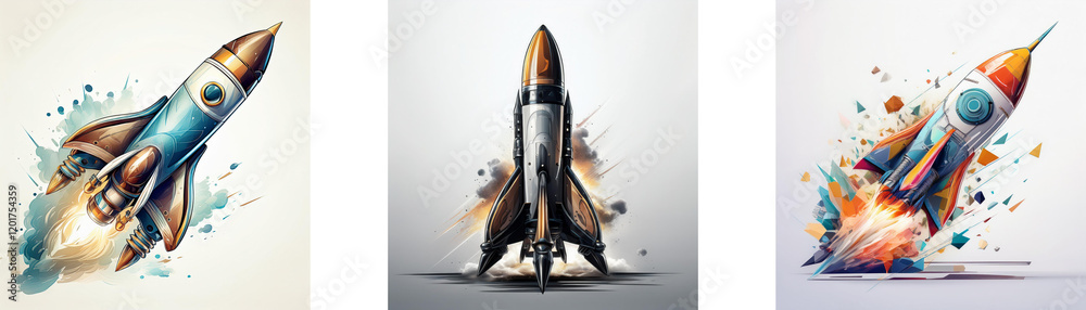 Poster three rockets, depicted in watercolor-like styles, launch into space. one is mid-flight, another is 