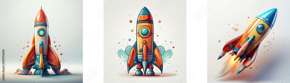 Poster three vibrant cartoon rockets, ready for launch, displayed against a light background. each rocket b
