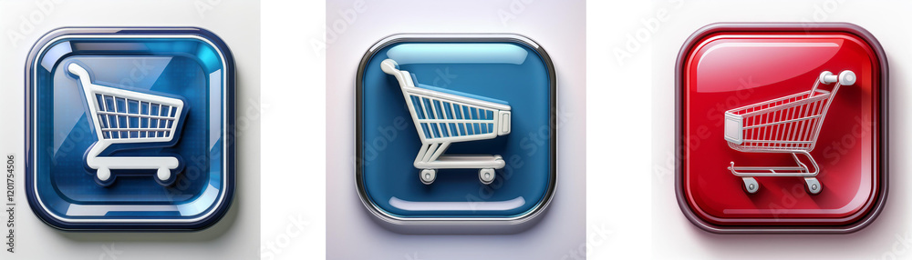 Leinwandbilder Three glossy square buttons display a shopping cart icon in blue, light blue, and red.  Each button features a three-dimensional effect.