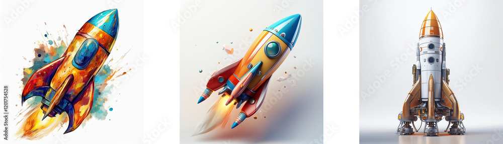 Poster three vibrant rockets, each with unique designs and color schemes, are depicted against contrasting 