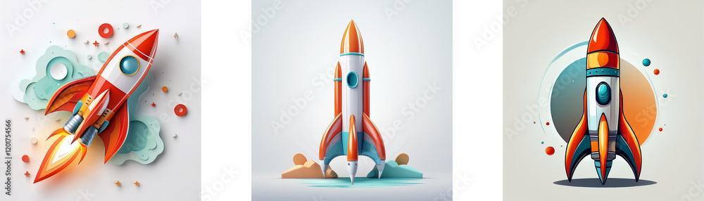 Poster Three stylized rockets, each with unique design and color scheme,  depict launching or readiness for flight.
