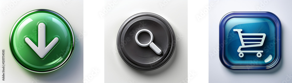 Aufkleber Three glossy buttons display download, search, and shopping cart icons.  Modern, digital interface elements.