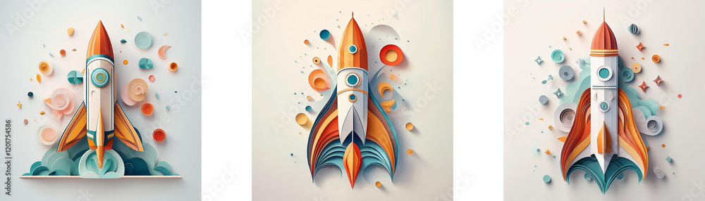 Poster Three vibrant paper rockets ascend, surrounded by colorful, swirling details suggesting a dynamic launch into space.  The artwork uses layered paper to create a three-dimensional effect.