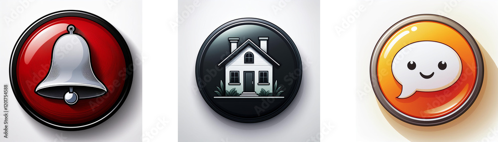 Poster Three glossy circular buttons: a bell, a house, and a happy speech bubble.  Simple icons for notifications, home, and messaging.