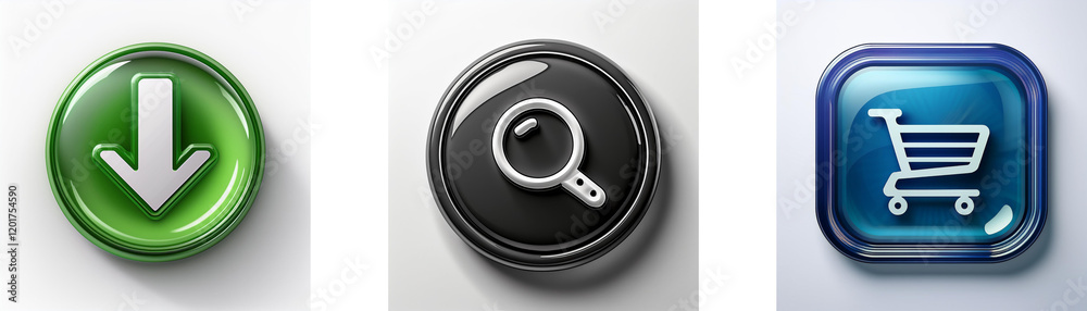 Aufkleber three glossy buttons display download, search, and shopping cart icons. simple, intuitive interface 