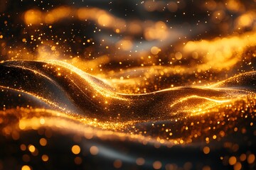 Golden Glowing Particles on Fluid Waves for Luxury Design and Celebration Concepts