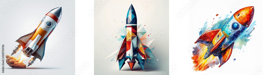 Poster Three stylized rockets, each with unique design and color scheme, represent speed, innovation, and launch.