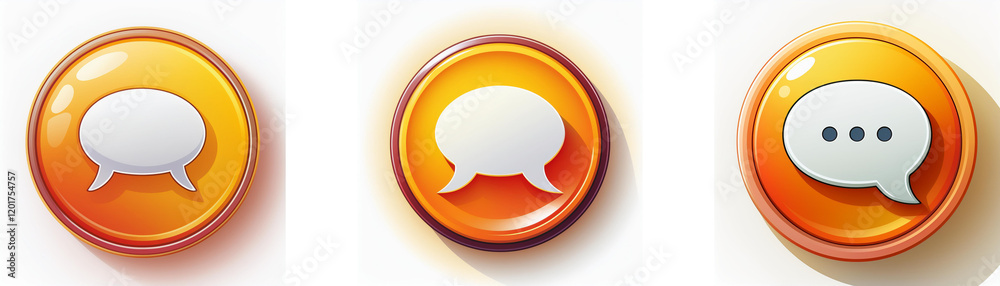 Fototapete Three glossy orange circular buttons feature white speech bubbles; one empty, one with a single thought bubble and one with three dots indicating a message.