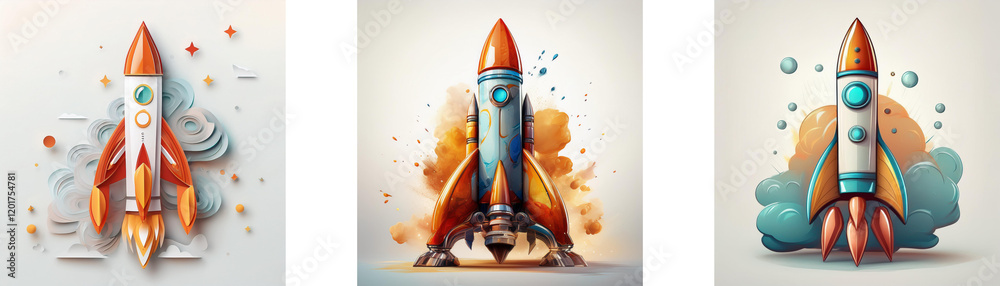 Poster three stylized rockets, each with unique color schemes and background elements, represent launching,