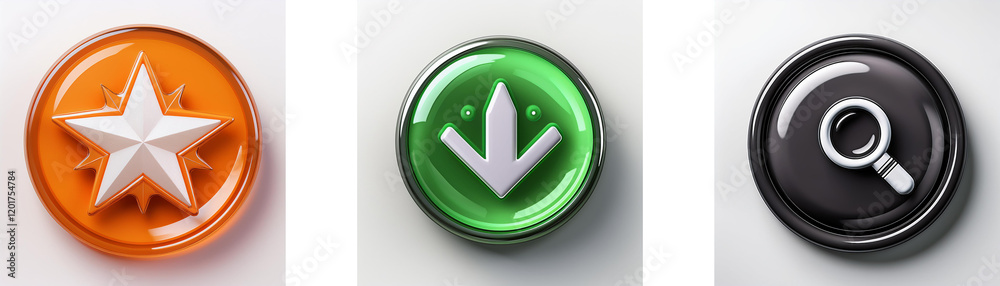 Leinwandbilder Three glossy circular buttons feature a star, downward arrow, and magnifying glass.  Each button displays a unique symbol in a contrasting color.