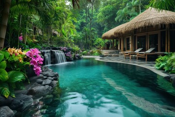 Exotic jungle villa featuring a serene pool and lush greenery