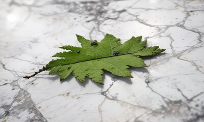 A solitary green leaf rests on a weathered white marble surface with moss and lichen, moss, green, marble