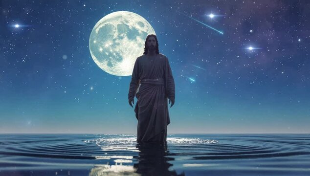 silhouette of jesus standing on water at night. Virtual 4K video animation background with looping time lapse with very smooth graphics.