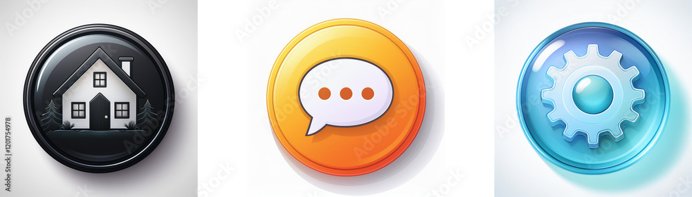 Fototapete three glossy buttons depict home, communication, and settings. simple icons represent key functional
