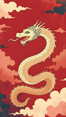 Obraz premium Año nuevo chino de la serpiente. Fondo rojo con espacio para texto. Animal dorado, paisaje oriental