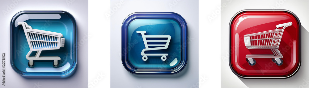 Aufkleber three glossy square buttons feature shopping cart icons in blue, dark blue, and red. each button dis