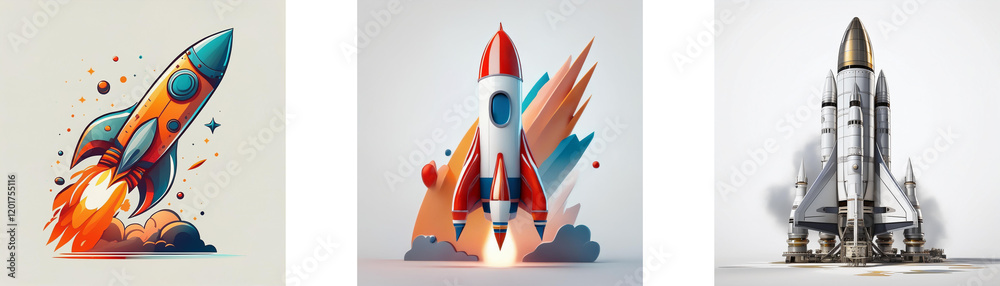 Poster Three rockets, diverse in style and design, launch into the cosmos.  Each showcases a unique artistic interpretation of space travel and exploration.