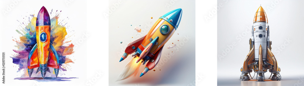 Poster Three vibrant rockets, each with unique design and color schemes, ready for launch.  One bursts with colorful paint splashes.