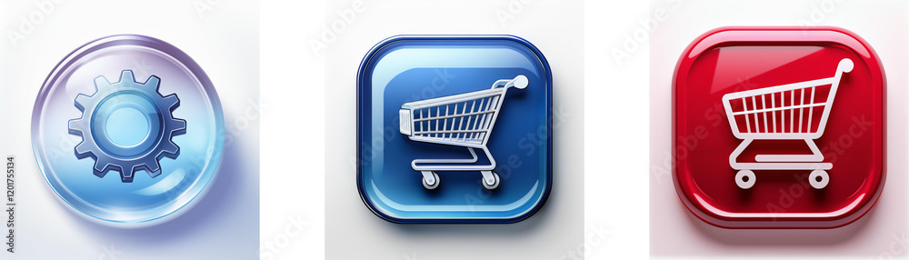 Poster three glossy buttons showcase a gear, a shopping cart on blue, and another cart on red. represents s