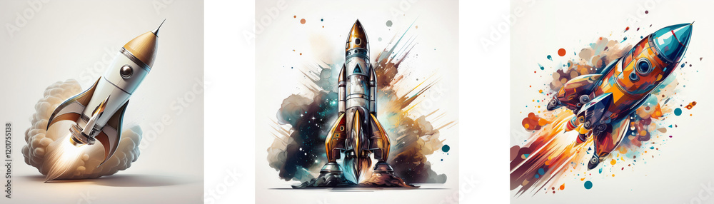 Poster three rockets depicted in vibrant watercolor styles, showcasing launch and flight phases with dynami