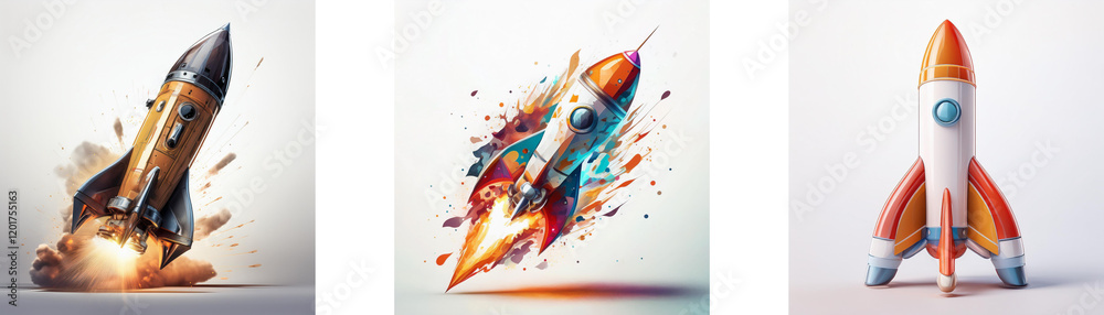Poster Three stylized rockets, launching, exploding with color and motion.  A dynamic depiction of speed, innovation, and flight.
