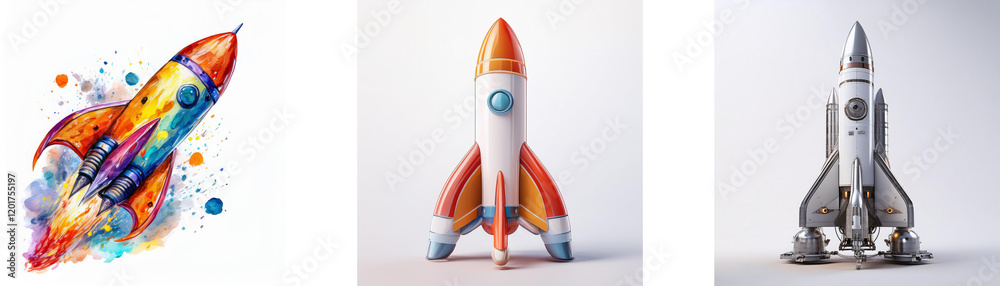 Poster three rocket illustrations showcase diverse artistic styles: watercolor, 3d render, and photorealist