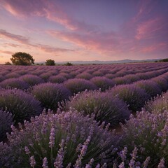 Obraz premium A lavender field stretching to the horizon under a soft pink and purple evening sky, with bees buzzing gently around the flowers.