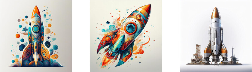 A trio of vibrant rockets, each uniquely styled, symbolizes innovation and space exploration.  One is colorful and abstract, another is detailed and realistic, and a third is ready for launch.