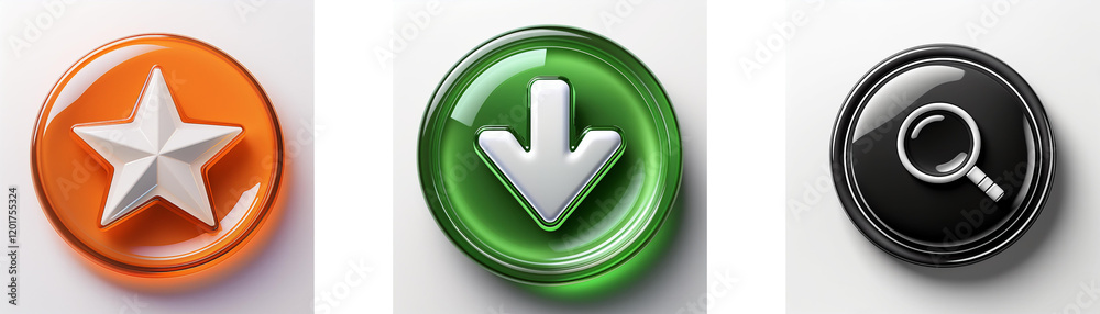 Poster Three glossy circular buttons feature a star, downward arrow, and magnifying glass.  Simple, yet effective graphic design.