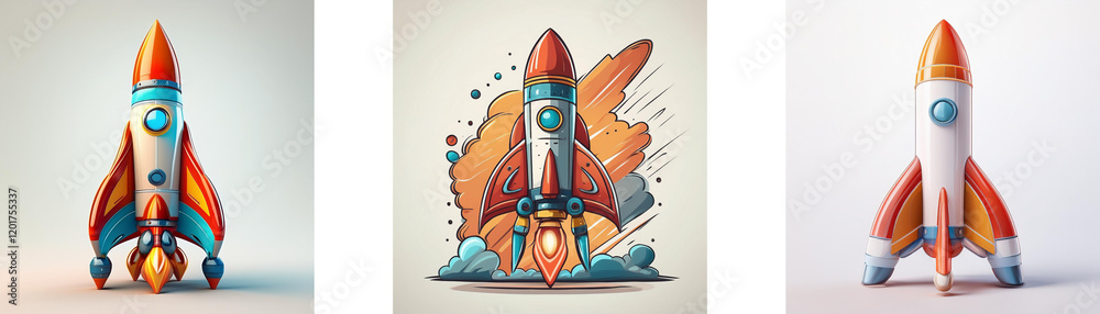 Poster three stylized rockets, varying in artistic style, ready for launch. one shows dynamic motion, anoth
