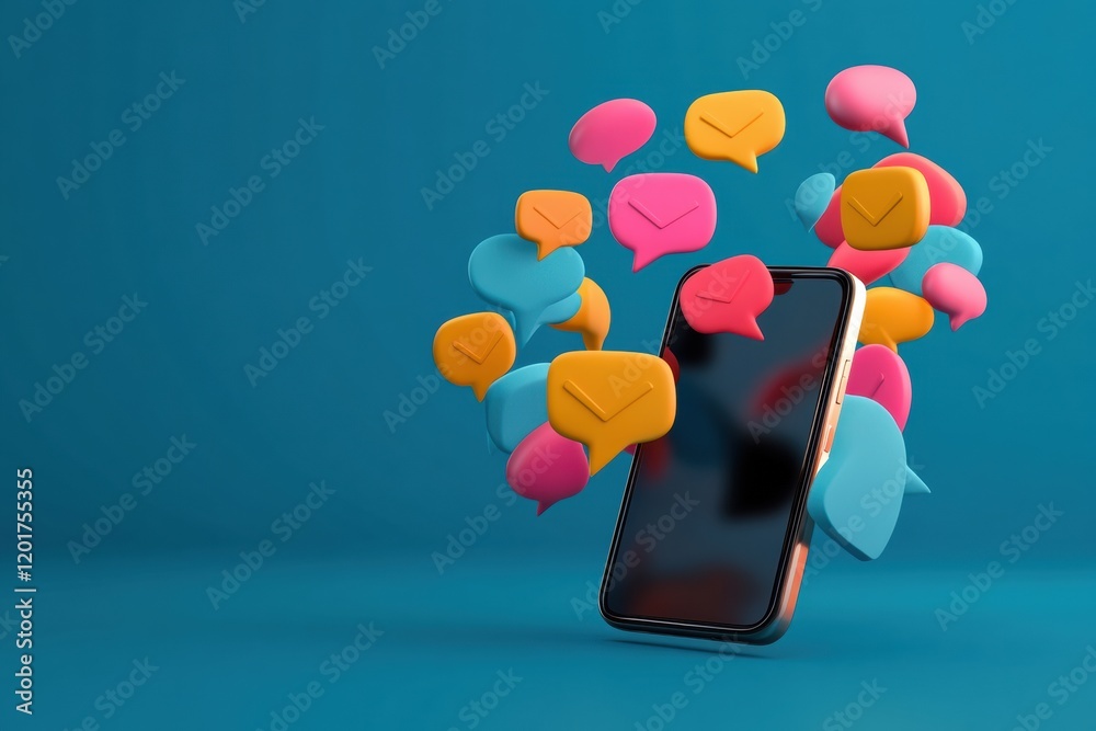 Poster Bright chat bubbles flow out of smartphone in colorful digital communication display. Generative AI