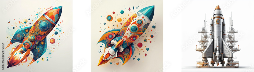 Poster three unique rocket illustrations; one vibrant and ornate, another detailed and colorful, and a thir