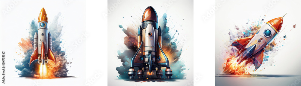 Poster three rockets launch amidst colorful bursts. one ascends, another stands poised, and the third soars