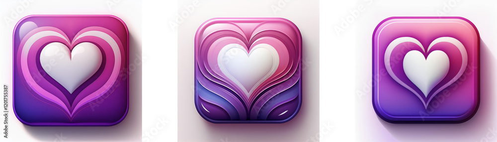 Poster three square icons feature a white heart nestled within concentric, gradient pink and purple hearts.