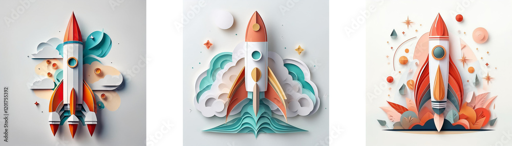 Poster Three paper art rockets, each with unique surrounding elements, represent launching and exploration.  The rockets vary in color schemes and background details.