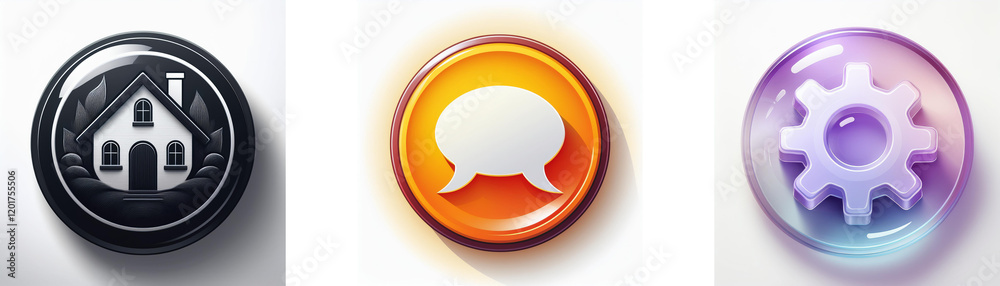 Poster three glossy circular icons: home, speech bubble, settings. modern interface design elements.