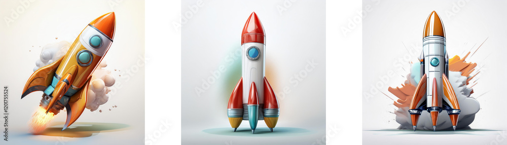 Poster three cartoon rockets in various launch stages, showcasing vibrant colors and dynamic movement. a pl