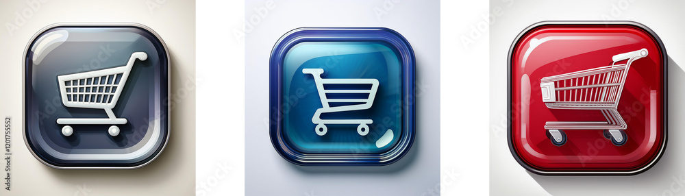 Aufkleber Three glossy square buttons display a shopping cart icon in varying colors: gray, blue, and red.  Each button features a subtle shadow effect.