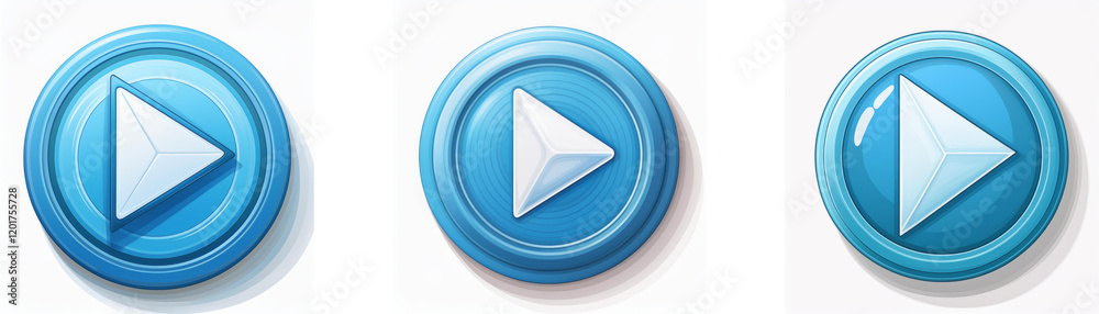 Leinwandbilder Three glossy blue circular buttons feature a white play symbol in the center.  Each button has a subtle shadow, suggesting a three-dimensional effect.