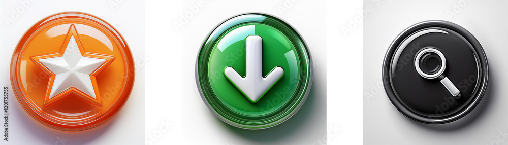 Aufkleber three glossy circular buttons showcase distinct symbols: a star, a downward arrow, and a magnifying 