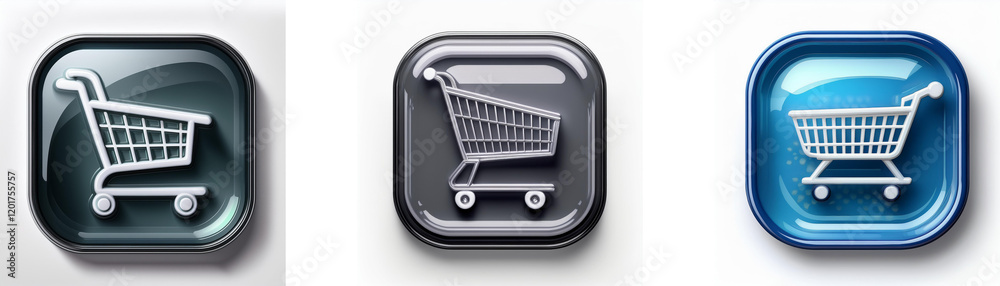 Leinwandbilder three glossy square buttons feature a shopping cart icon in varying colors: dark teal, gray, and blu