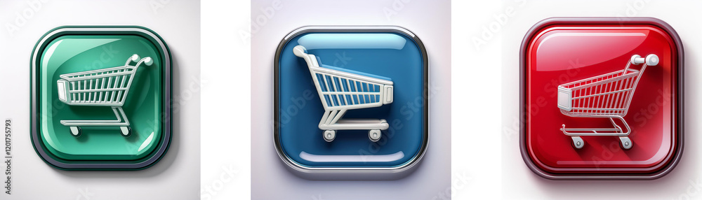 Leinwandbilder three glossy square buttons feature a shopping cart icon in green, blue, and red. each button has a 