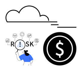Magnifying glass examining Risk amid icons, large dollar sign, and a cloud. Ideal for risk analysis, financial strategies, decision-making, cloud solutions, cost evaluation, fintech abstract line