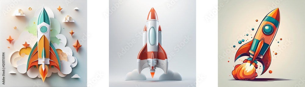 Poster Three stylized rockets, ready for launch.  One appears papercrafted, another minimalist, and a third dynamic in flight.  Each showcases vibrant colors and unique design elements.