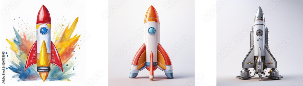 Poster Three stylized rockets, each with unique design and color scheme, representing launch, innovation, and space exploration.
