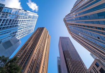 Obraz premium skyscrapers in a downtown, with a blue sky and a wide-angle lens perspective from a low-angle viewpoint.