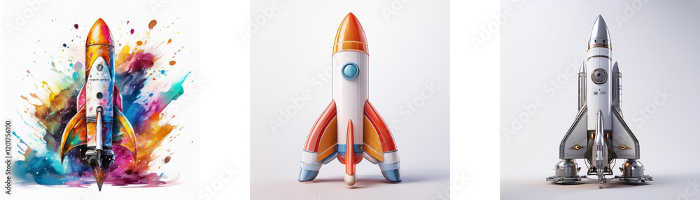 Poster three rockets depicted in various styles; one amidst a colorful explosion, one minimalist, and one r